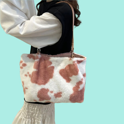 Cow Print Furry Tote Bag