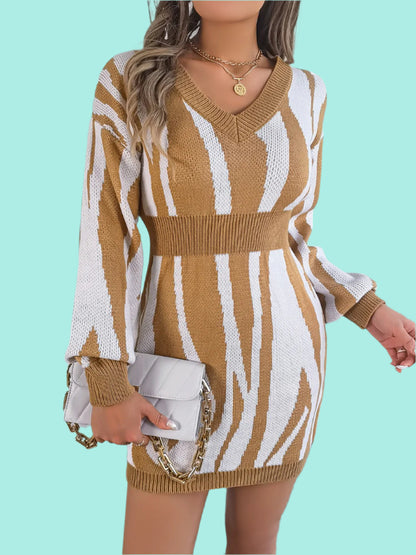 Animal Print V-Neck Long Sleeve Sweater Dress