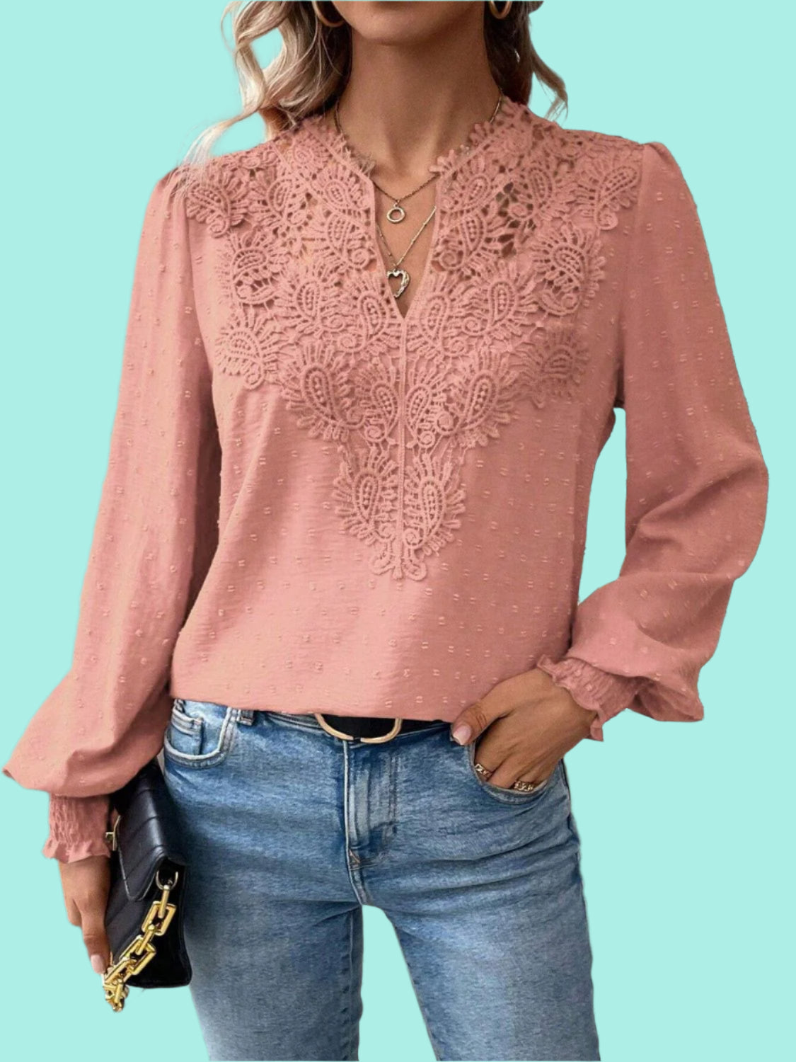 Swiss Dot Lace Detail Notched Long Sleeve Blouse