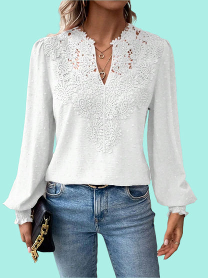 Swiss Dot Lace Detail Notched Long Sleeve Blouse