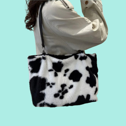 Cow Print Furry Tote Bag